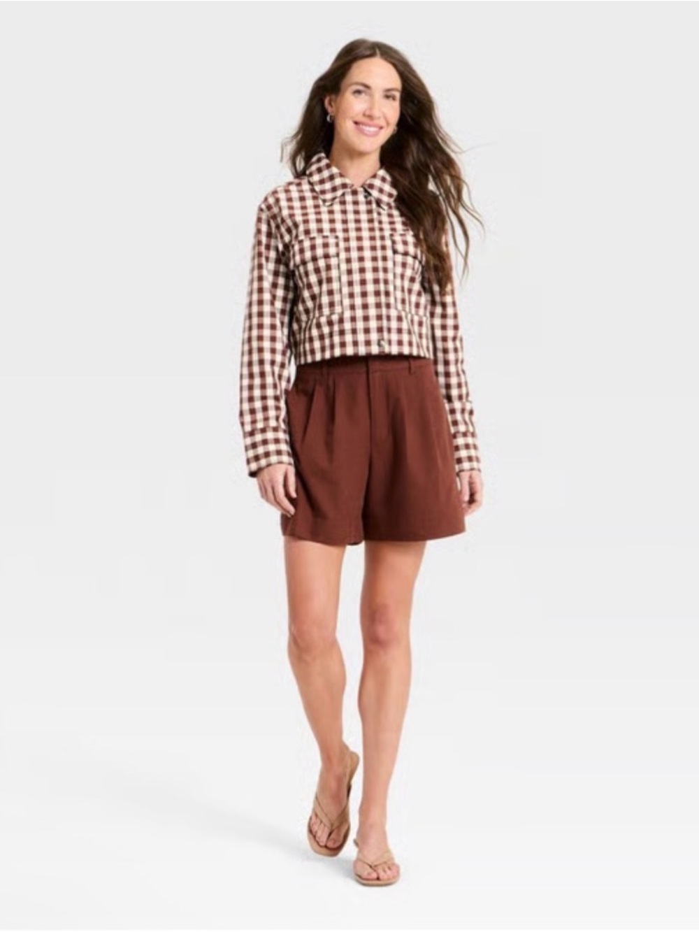 A New Day Women's Transitional Cropped Jacket Cotton-Lyocell Brown Gingham XS - Picture 3 of 5
